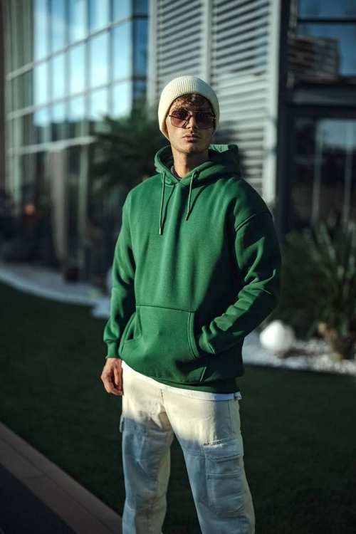 Üç İplik Penye Kapşonlu Basic SweatShirt - Haki -