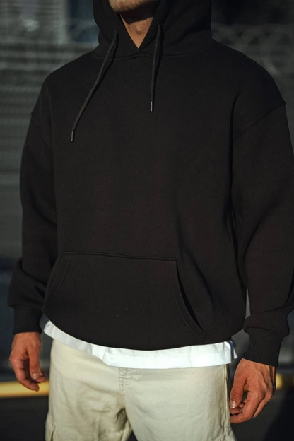 Üç İplik Penye Kapşonlu Basic SweatShirt - Siyah -