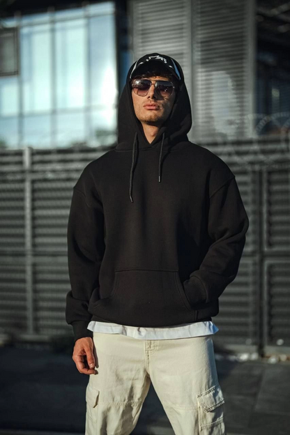 Üç İplik Penye Kapşonlu Basic SweatShirt - Siyah -