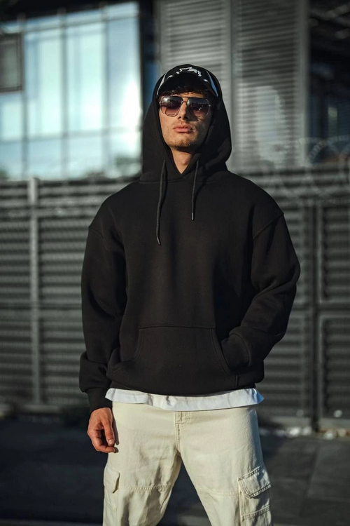 Üç İplik Penye Kapşonlu Basic SweatShirt - Siyah -