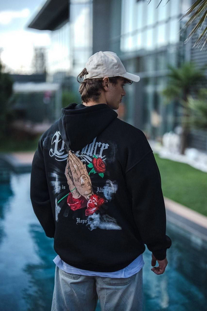 Üç İplik Penye Kapşonlu Baskılı SweatShirt - Siyah -
