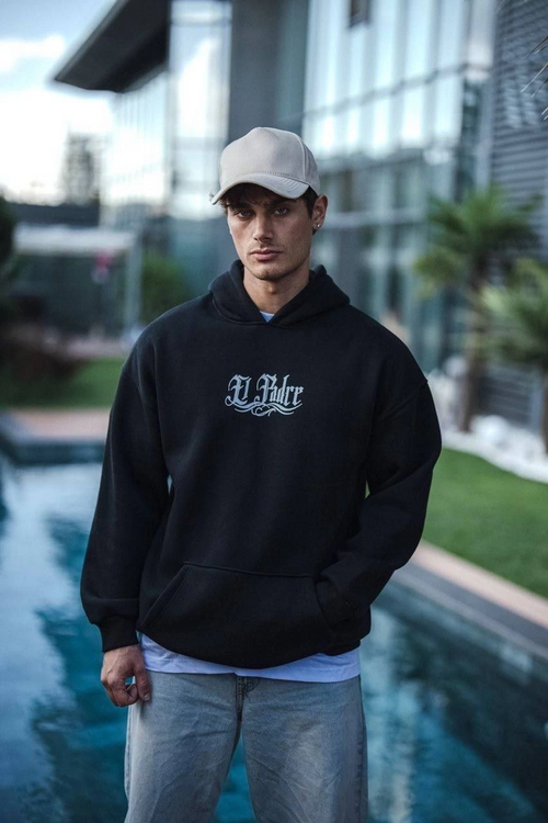 Üç İplik Penye Kapşonlu Baskılı SweatShirt - Siyah -