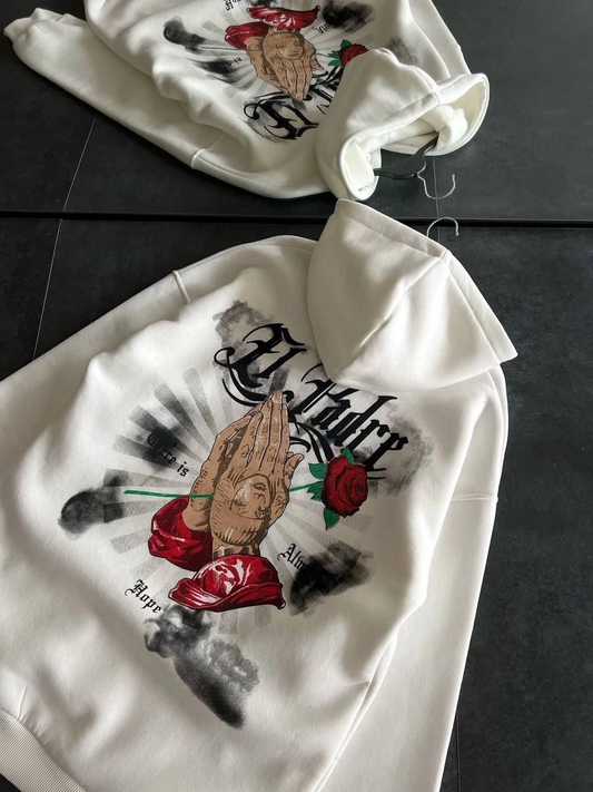 Üç İplik Penye Uzun Kol Kapüşonlu Baskılı SweatShirt - Beyaz -
