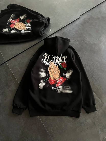 Üç İplik Penye Uzun Kol Kapşonlu Baskılı SweatShirt - Siyah -