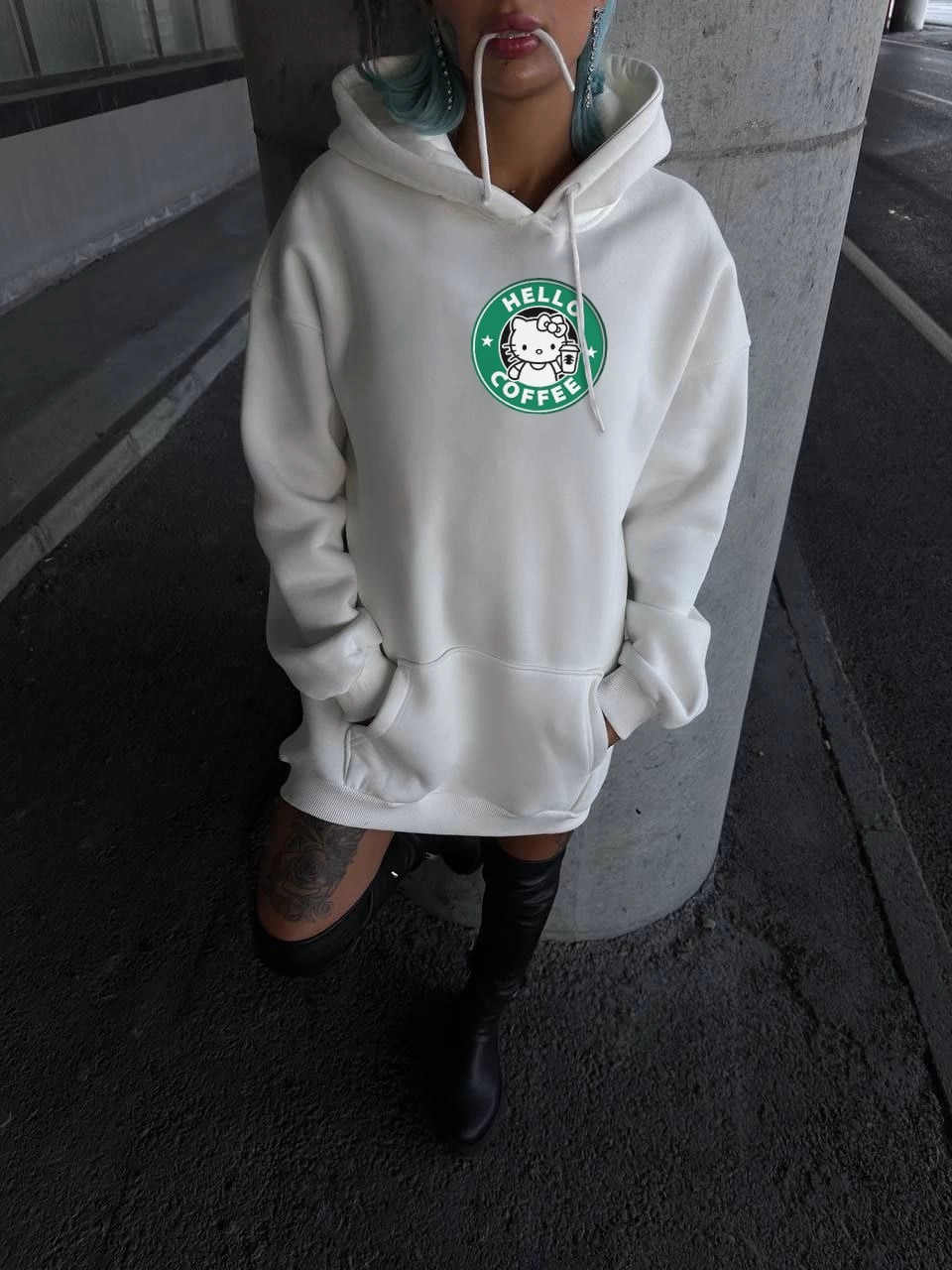 Üç İplik Penye Uzun Kol Kapüşonlu SweatShirt - Beyaz -