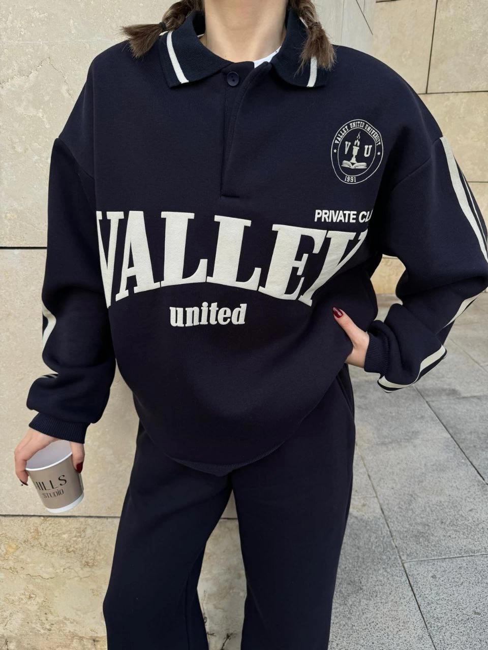 Üç İplik Yakalı Sweat Baggy Pantalonlu Takım - Siyah -