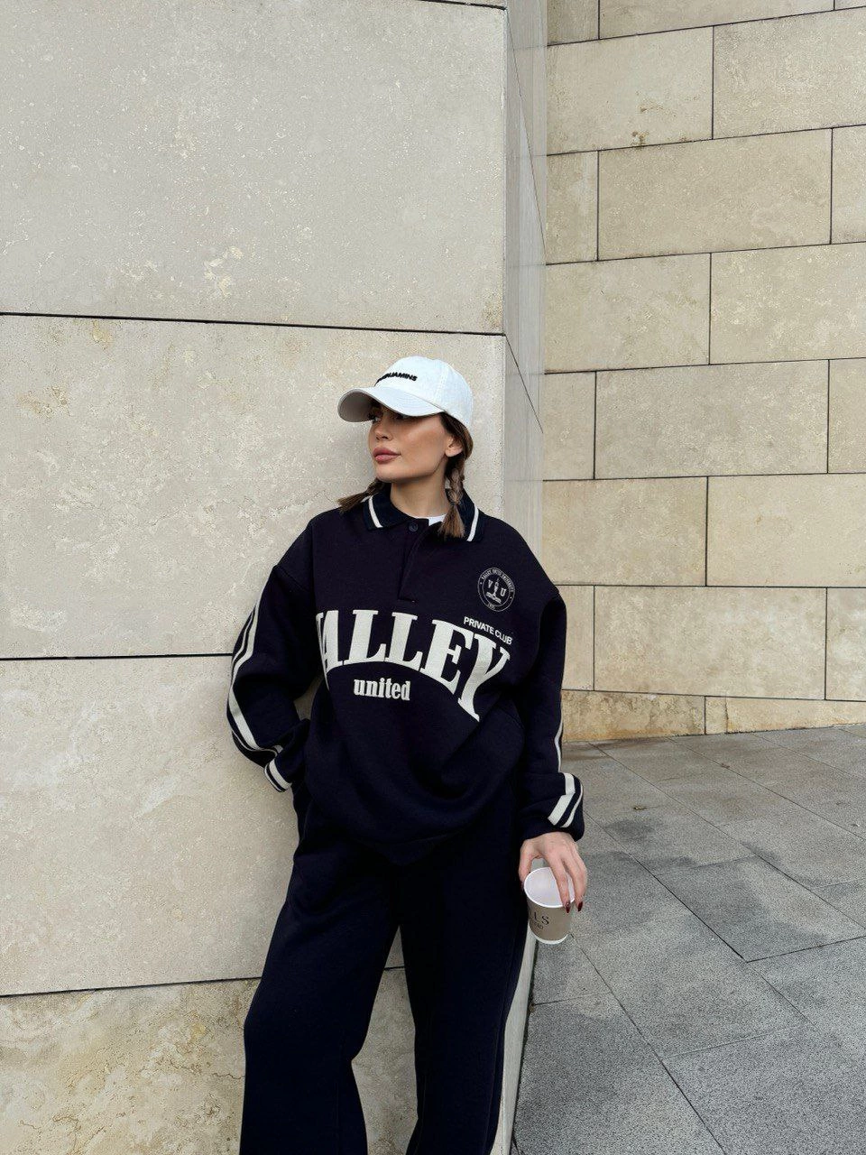 Üç İplik Yakalı Sweat Baggy Pantalonlu Takım - Siyah -