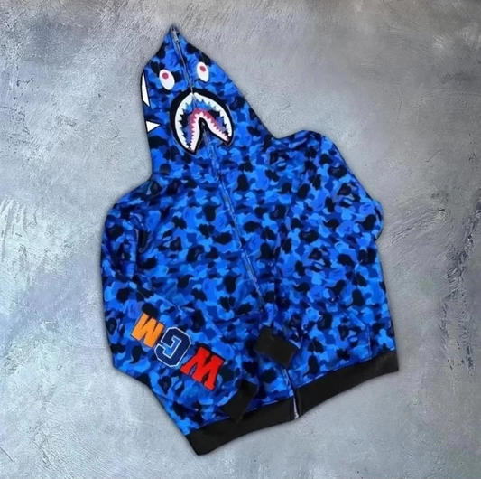 2 İplik Bape Kapüşonu Fermuarlı Hırka - Mavi