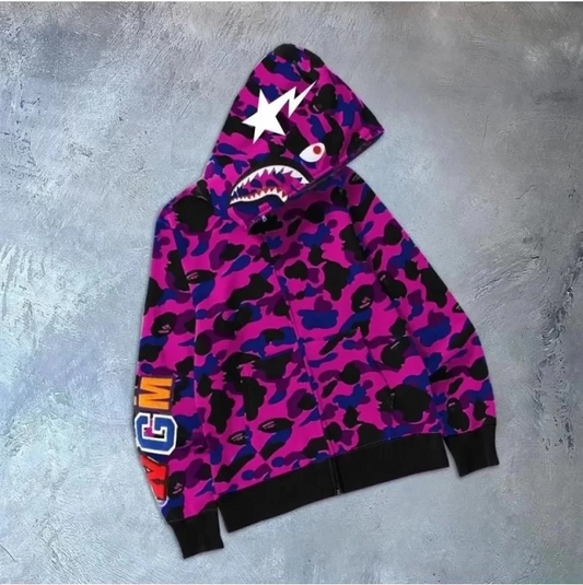 2 İplik Bape Kapüşonu Fermuarlı Hırka - Mor