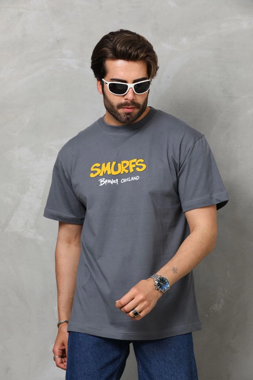 Basic Bisiklet Yaka Oversize T-Shirt - Füme -