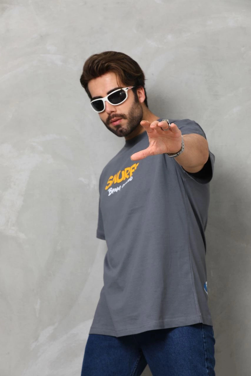 Basic Bisiklet Yaka Oversize T-Shirt - Füme -