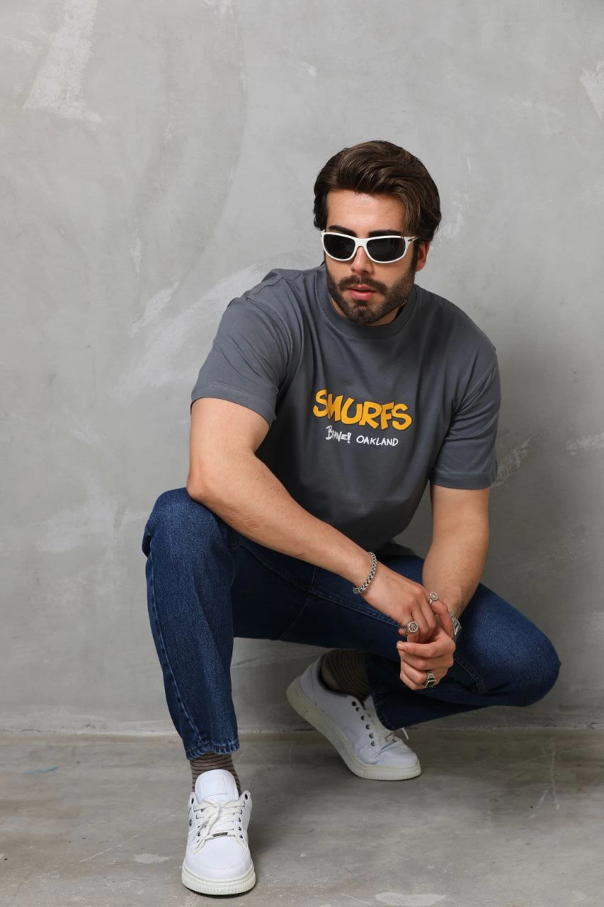 Basic Bisiklet Yaka Oversize T-Shirt - Füme -