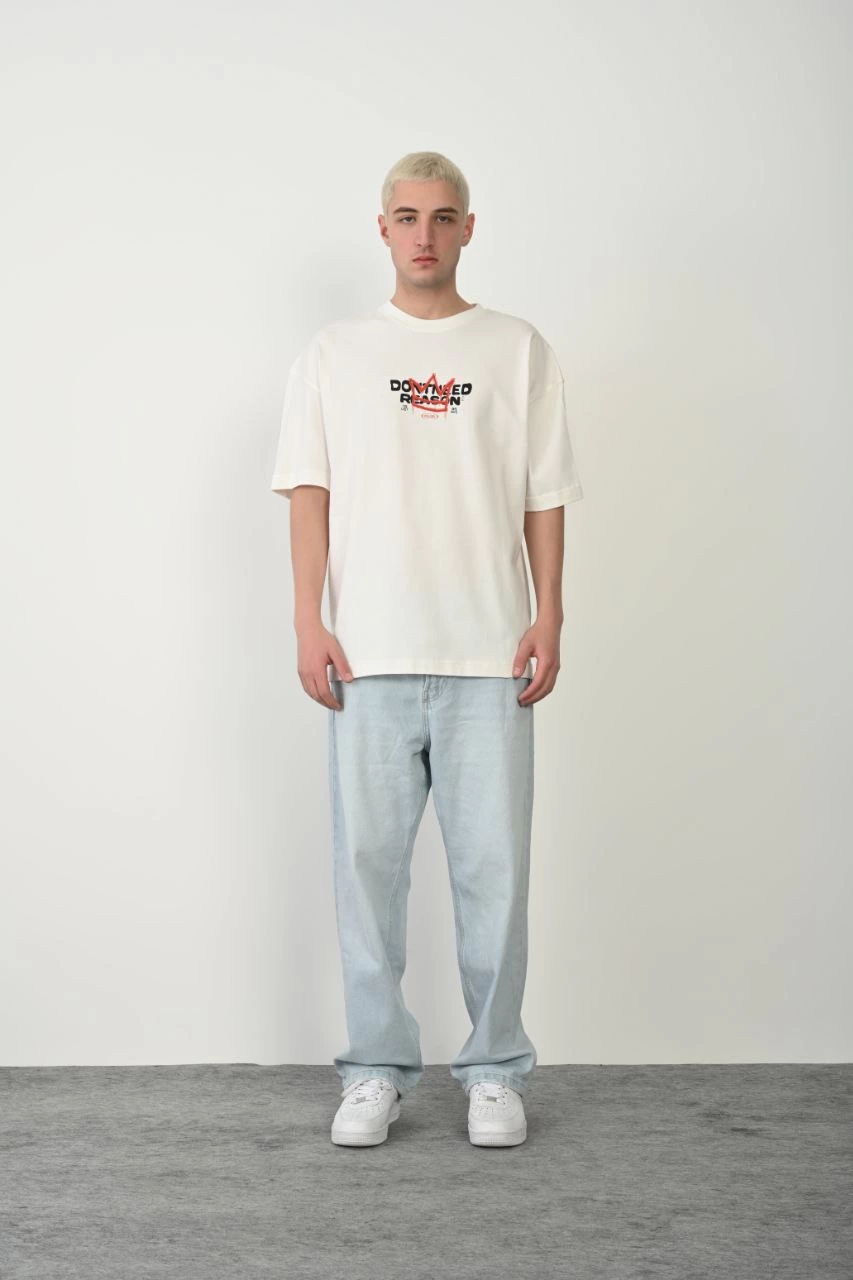 Baskılı Bisiklet Yaka Oversize T-Shirt - Beyaz -