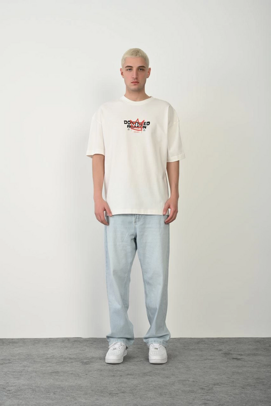 Baskılı Bisiklet Yaka Oversize T-Shirt - Beyaz -