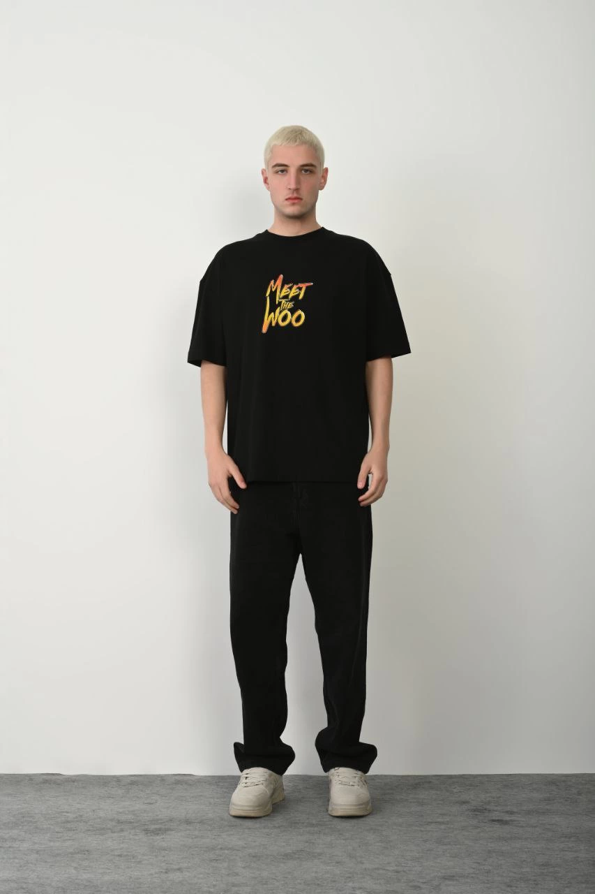 Erkek Baskıkı Kısa kok Bisiklet Yaka  T-Shirt - Siyah