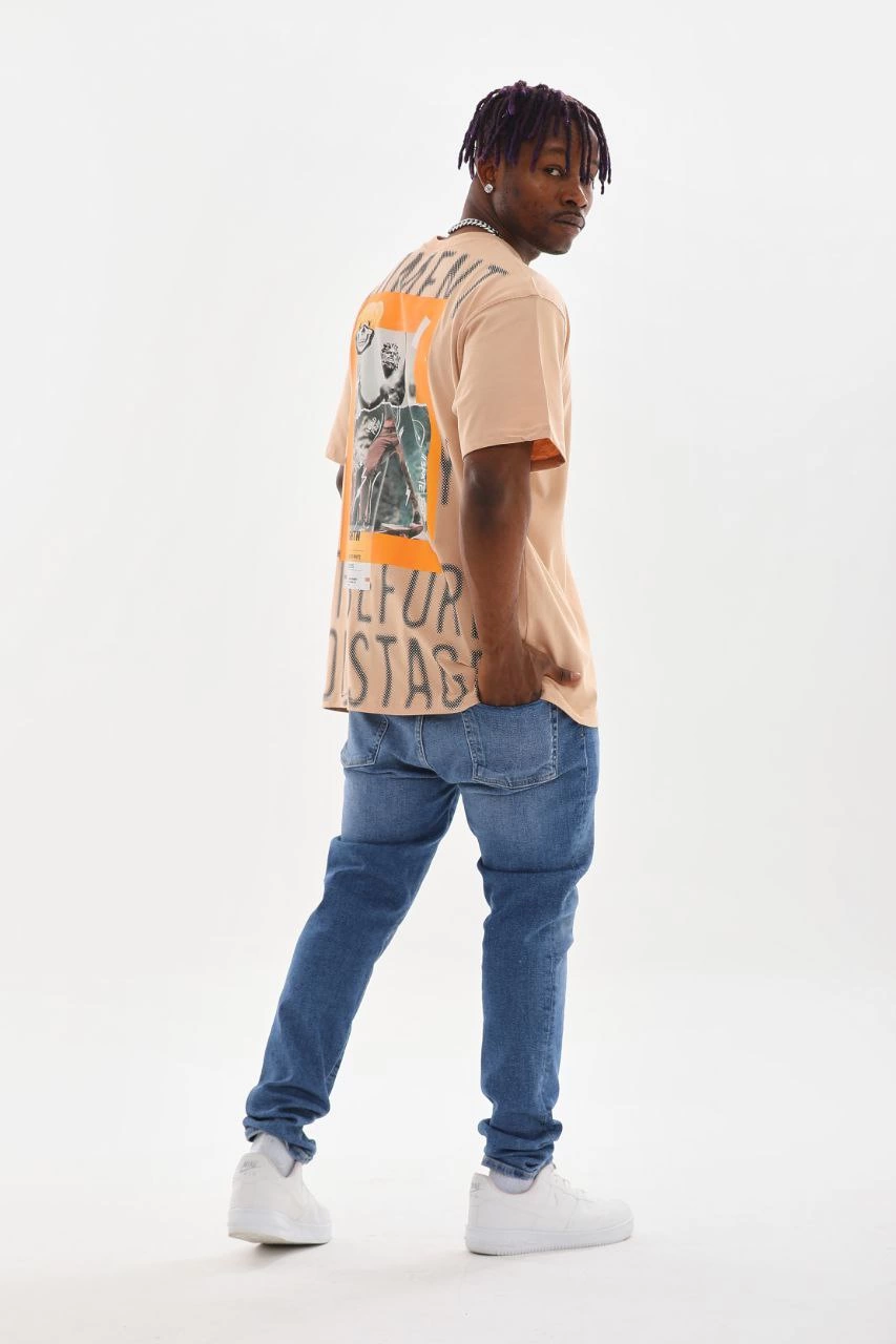 Baskılı Oversize T-Shirt - Bej -