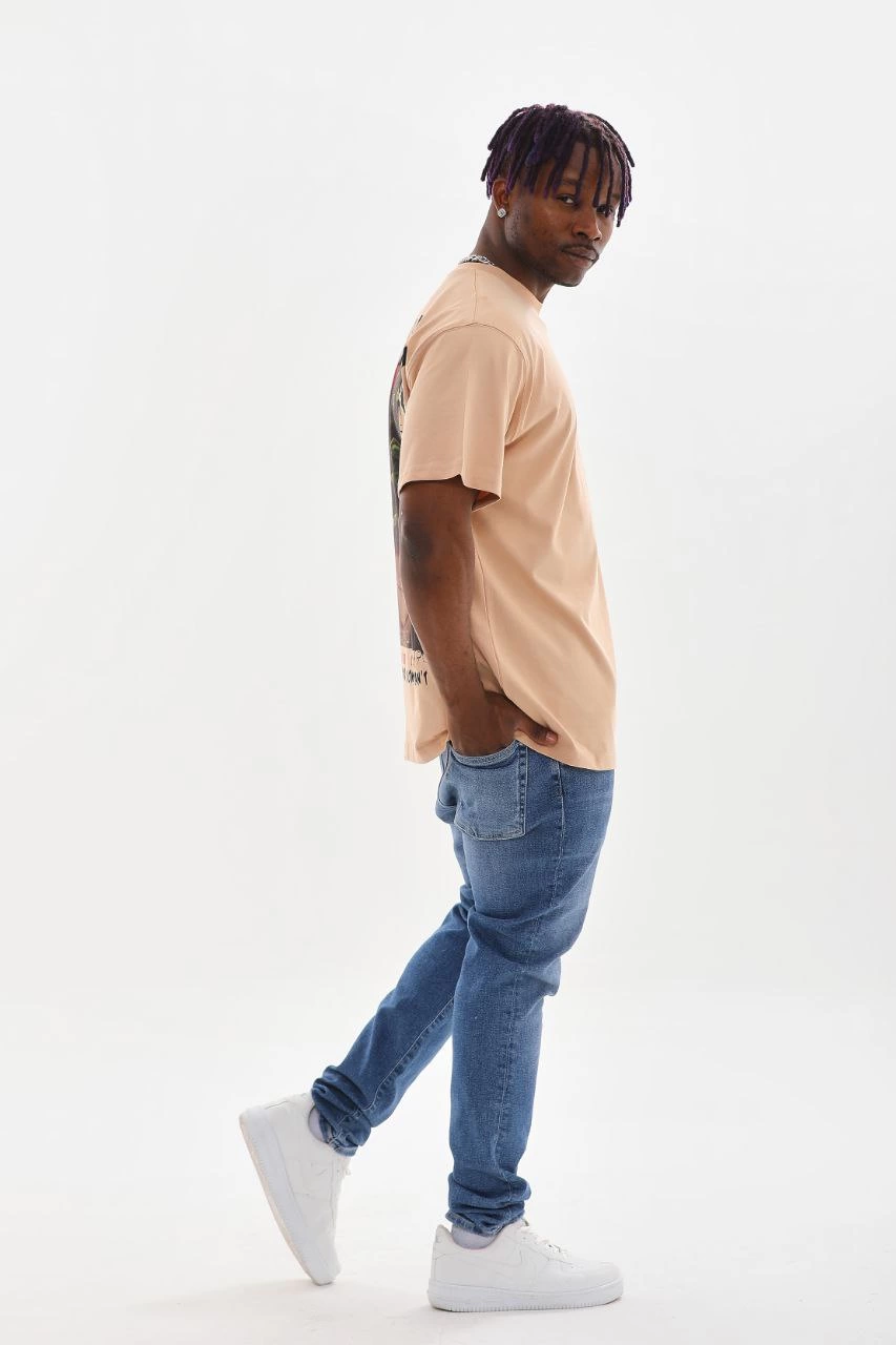 Baskılı Oversize T-Shirt - Bej -