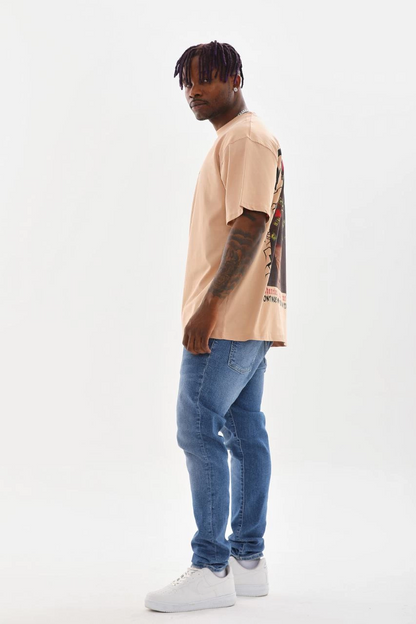 Baskılı Oversize T-Shirt - Bej -