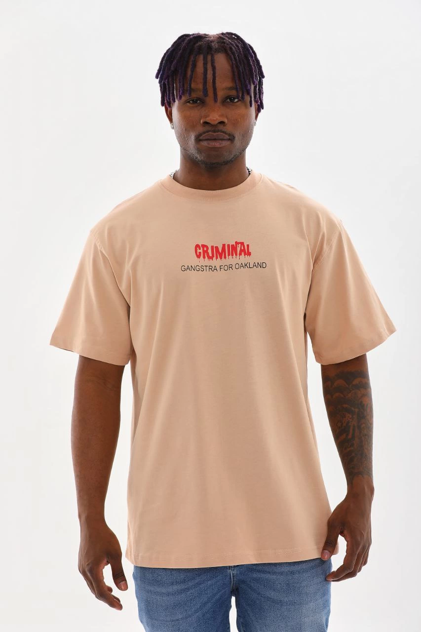 Baskılı Oversize T-Shirt - Bej -