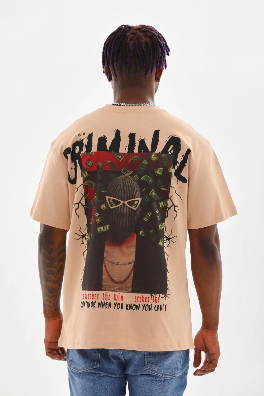 Baskılı Oversize T-Shirt - Bej -