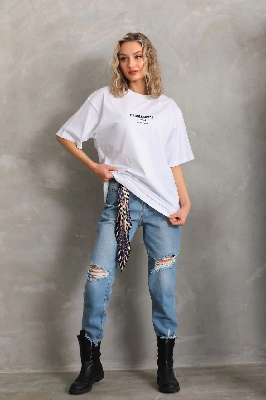 Baskılı Oversize T-Shirt - Beyaz -