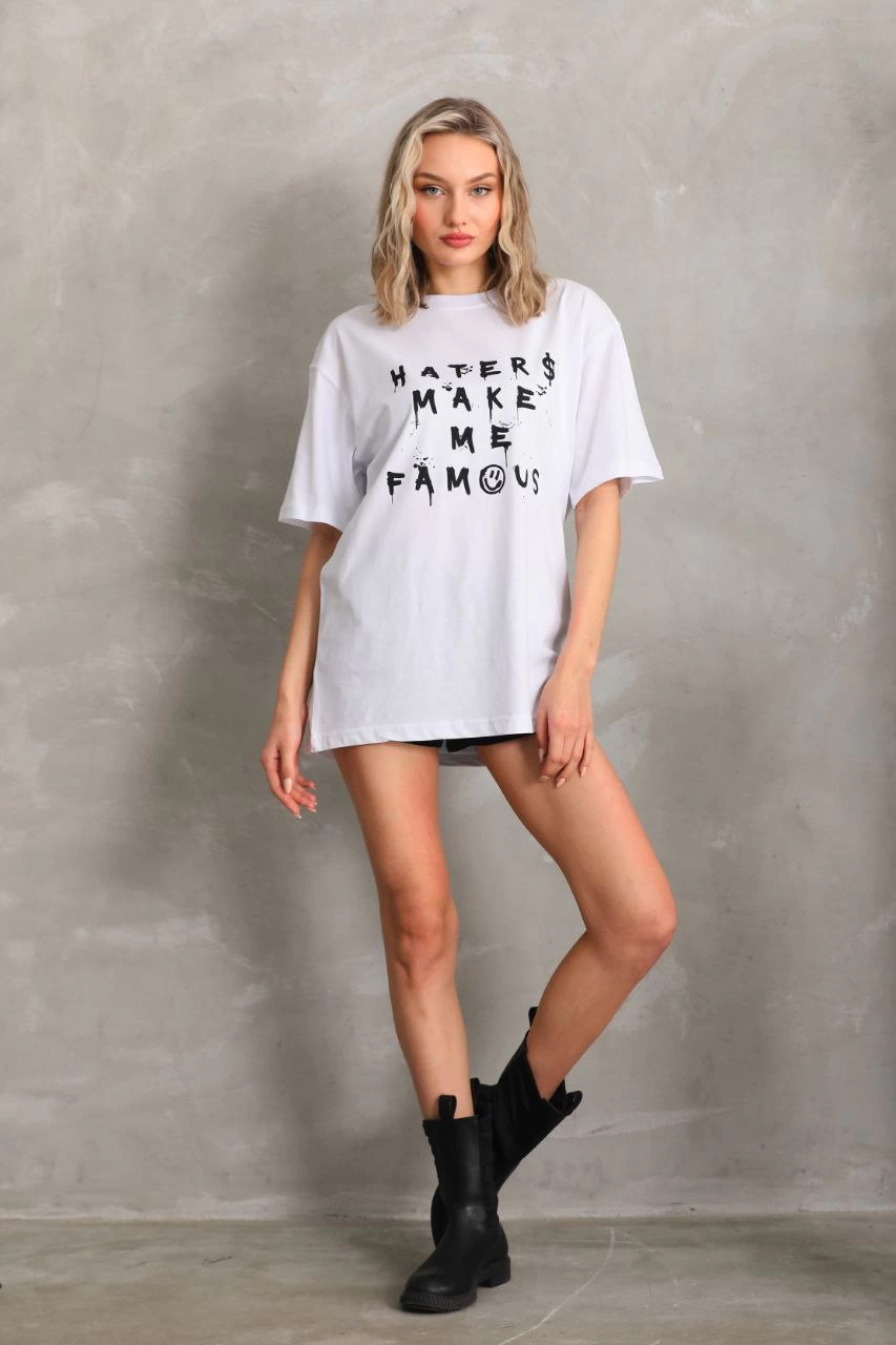 Baskılı Oversize T-Shirt - Beyaz -