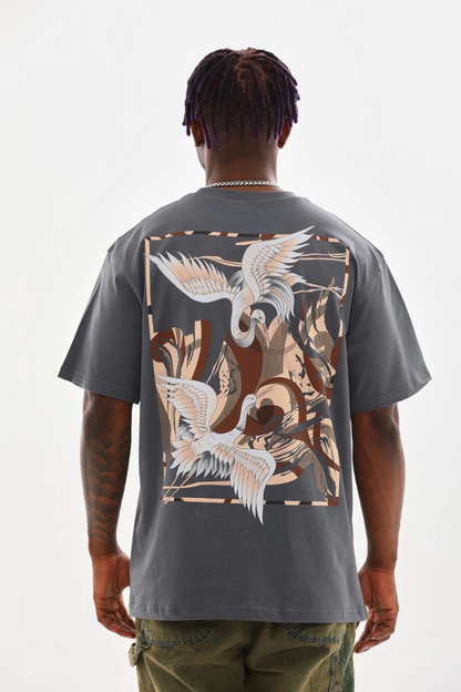 Baskılı Oversize T-Shirt - Füme -