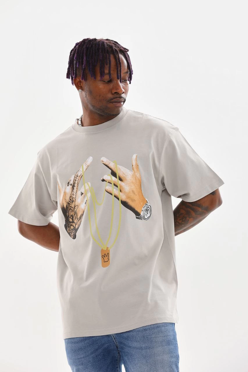 Baskılı Oversize T-Shirt - Gri -