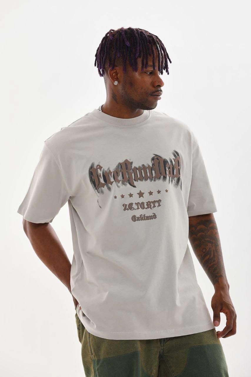 Baskılı Oversize T-Shirt - Gri -