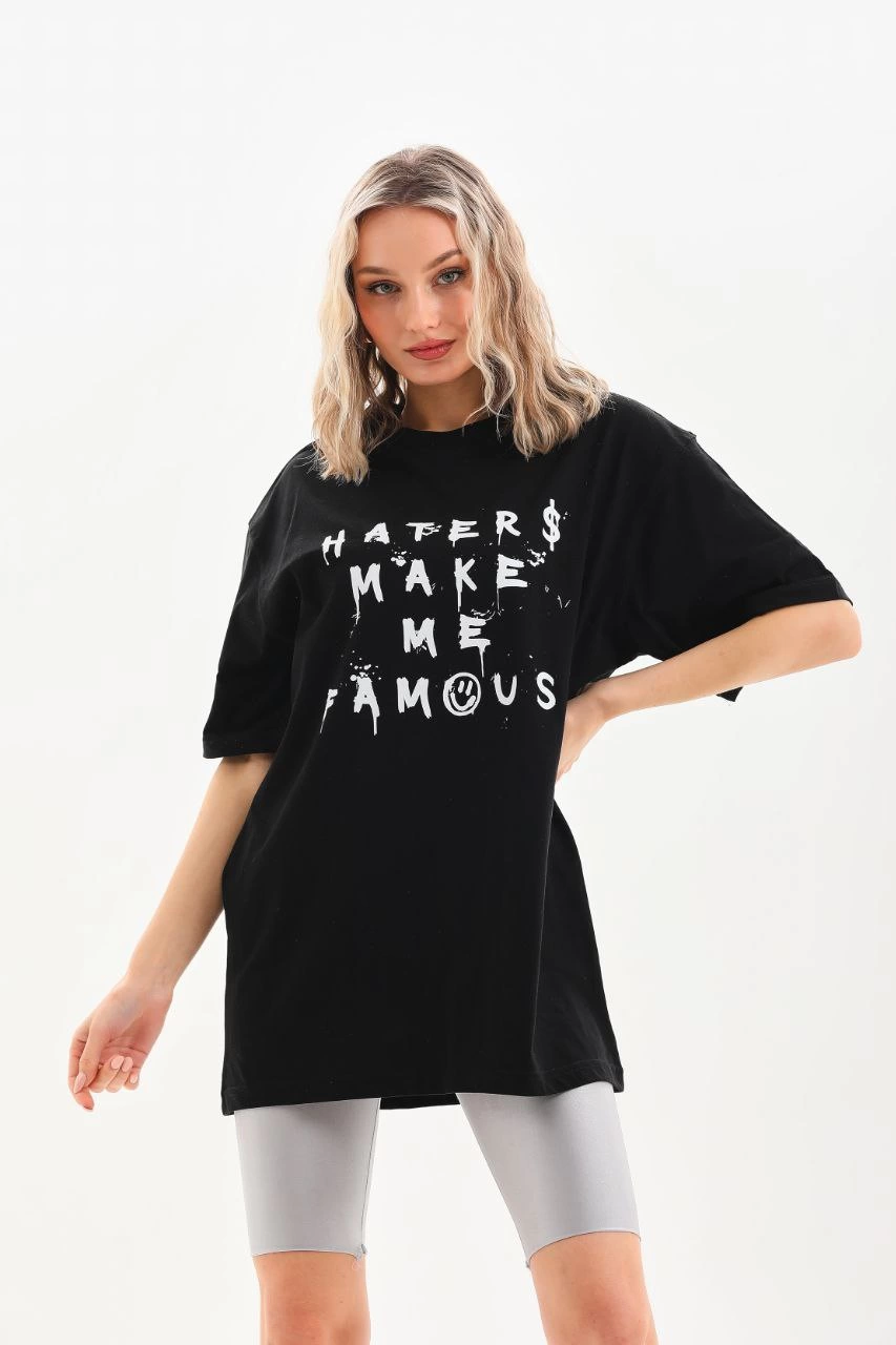 Baskılı Oversize T-Shirt - Siyah -