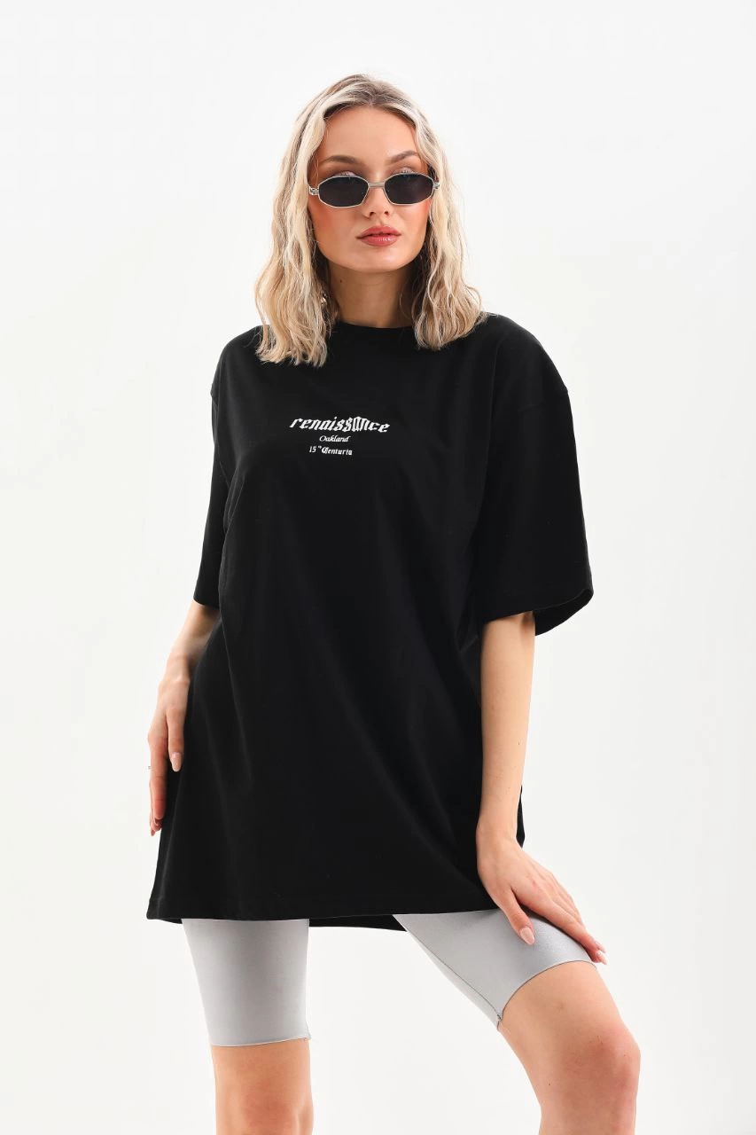 Baskılı Oversize T-Shirt - Siyah -