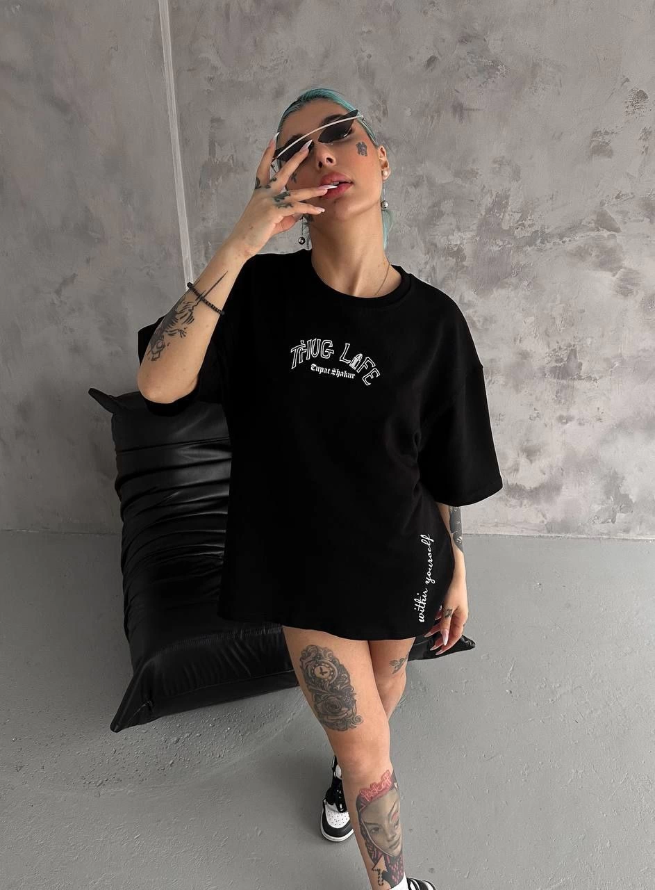 Baskılı Oversize T-Shirt - Siyah -