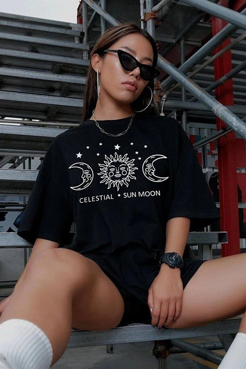 Baskılı Oversize T-Shirt - Siyah -