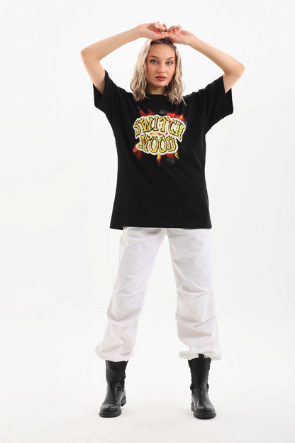 Baskılı Oversize T-Shirt - Siyah -