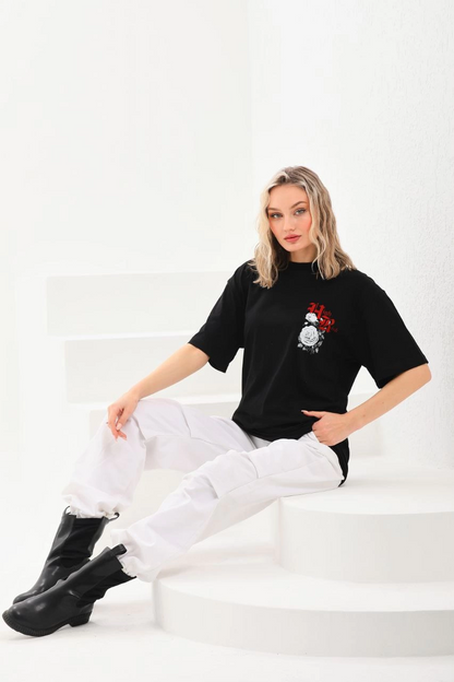 Baskılı Oversize T-Shirt - Siyah -