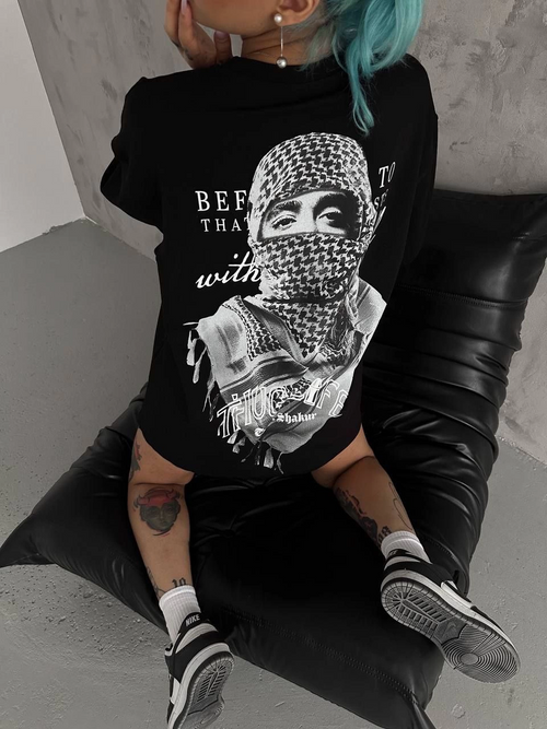 Baskılı Oversize T-Shirt - Siyah -