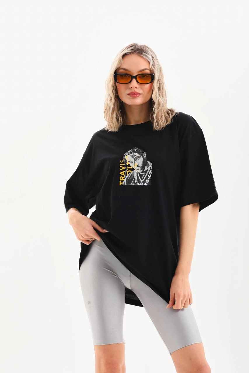 Baskılı Oversize T-Shirt - Siyah -