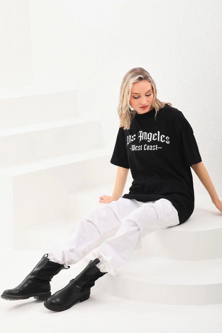 Baskılı Oversize T-Shirt - Siyah -