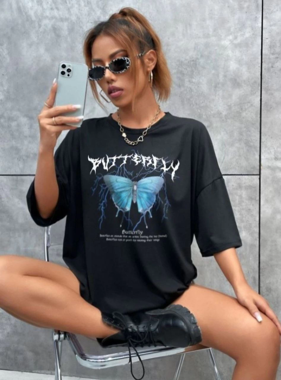 Baskılı Oversize T-Shirt - Siyah -