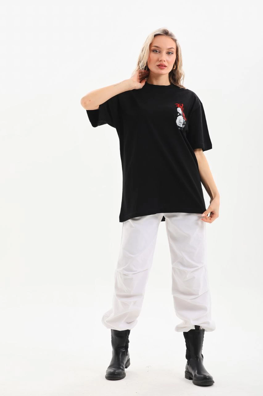 Baskılı Oversize T-Shirt - Siyah -
