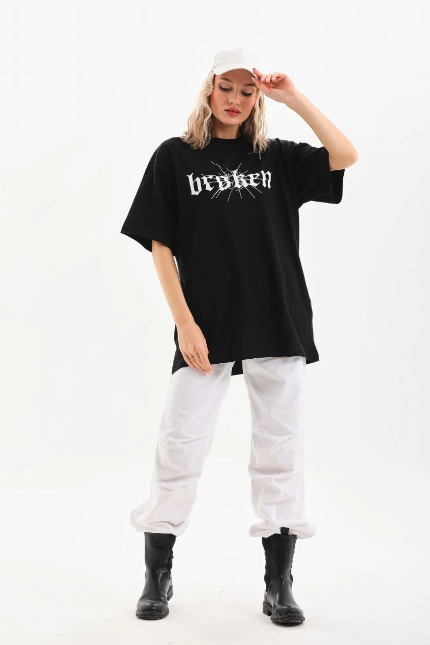 Baskılı Oversize T-Shirt - Siyah -