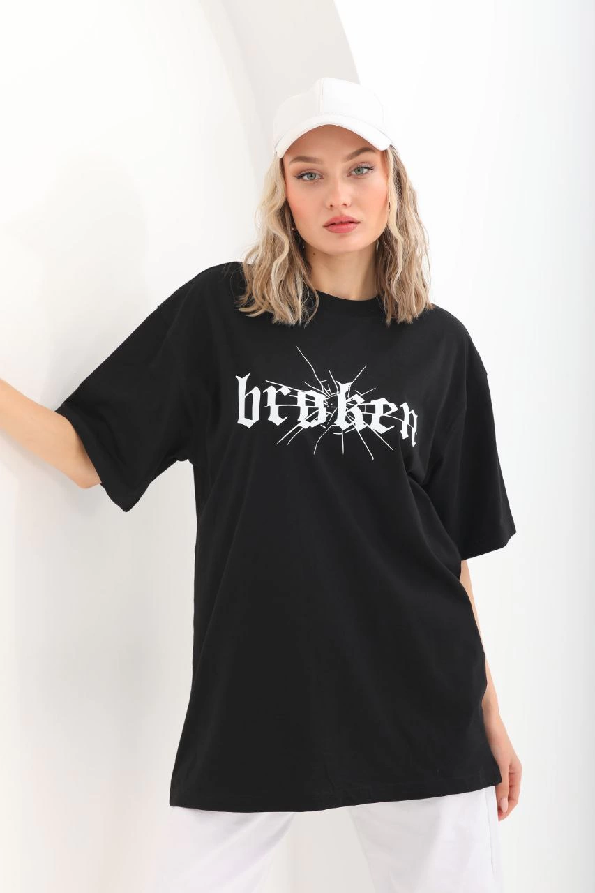 Baskılı Oversize T-Shirt - Siyah -