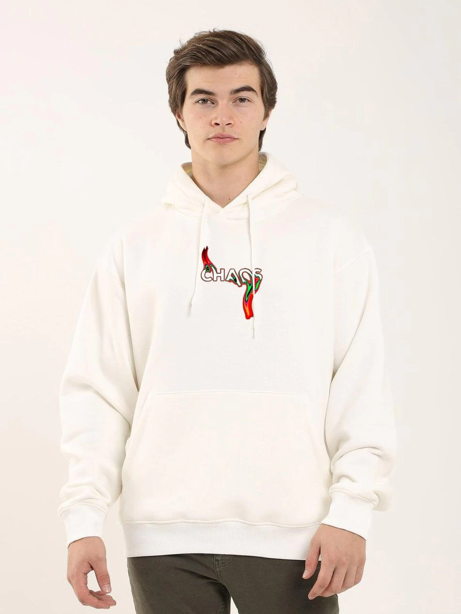 Baskılı Oversize Üç İplik Kapüşonlu Sweatshirt - Beyaz -