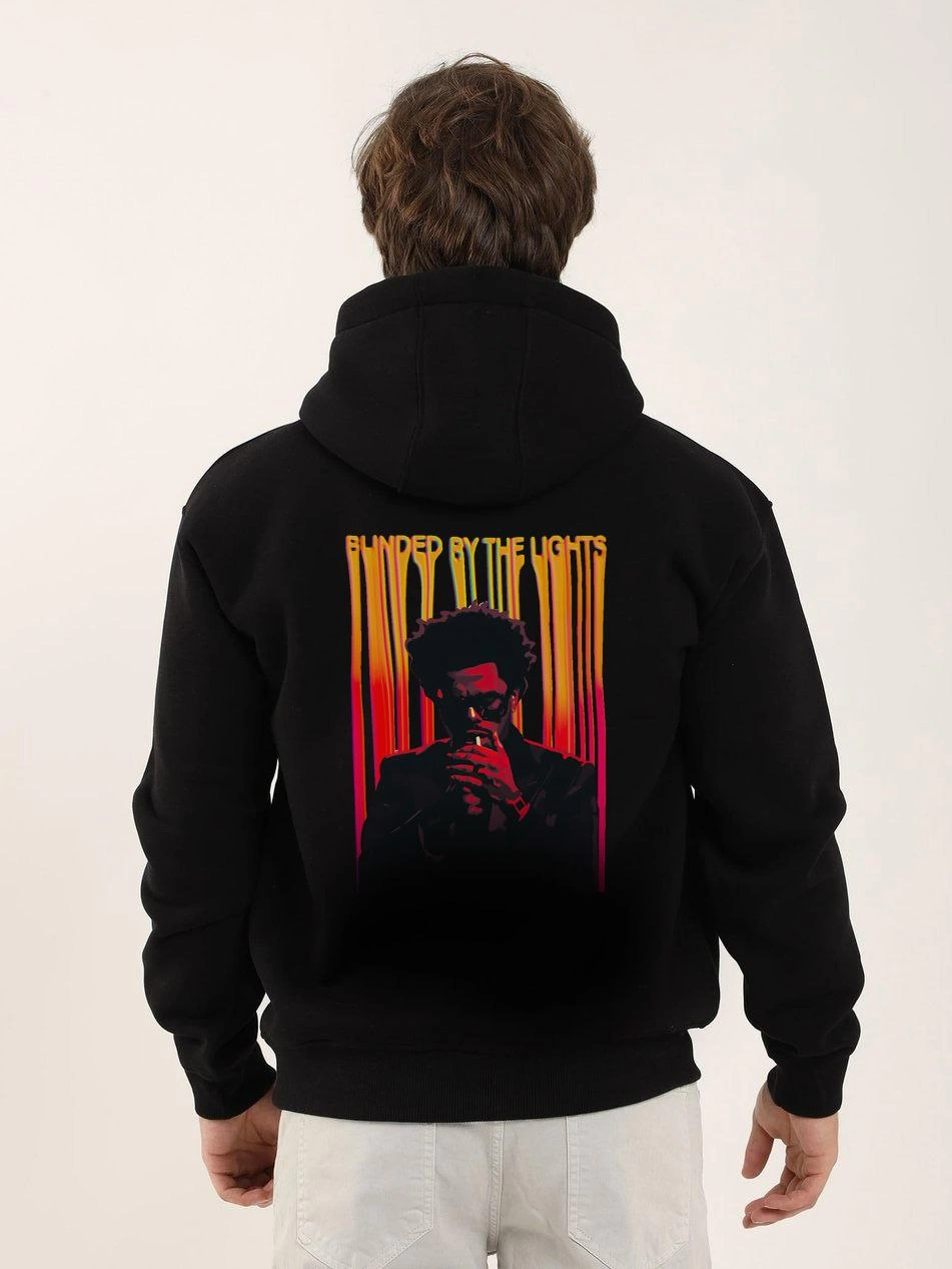 Baskılı Oversize Üç İplik Kapüşonlu Sweatshirt - Siyah -