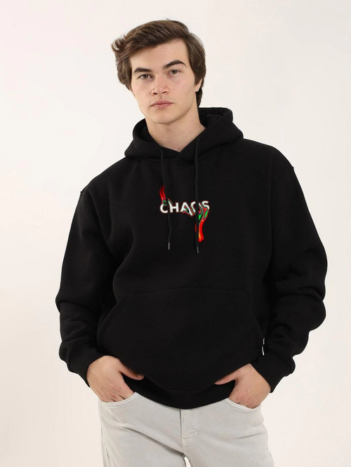 Baskılı Oversize Üç İplik Kapüşonlu Sweatshirt - Siyah -