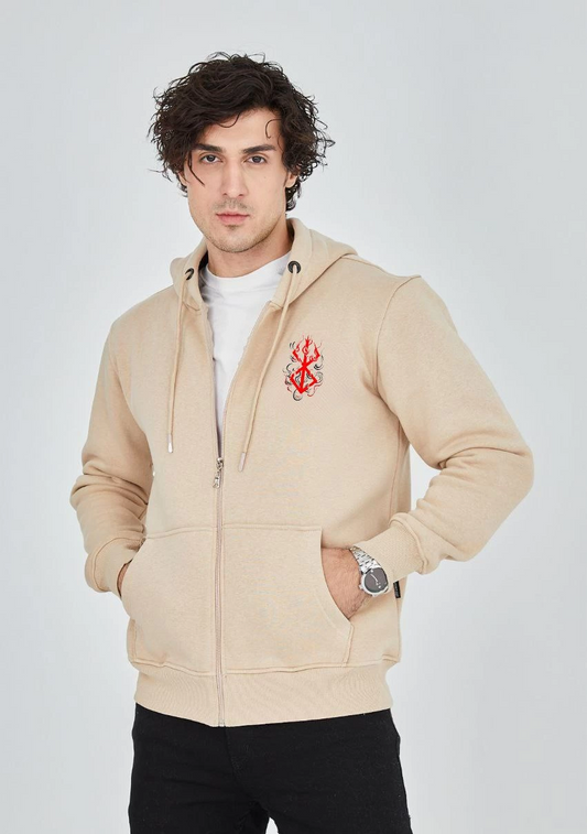 Baskılı Tam Fermuarlı Kapşonlu SweatShirt - Bej
