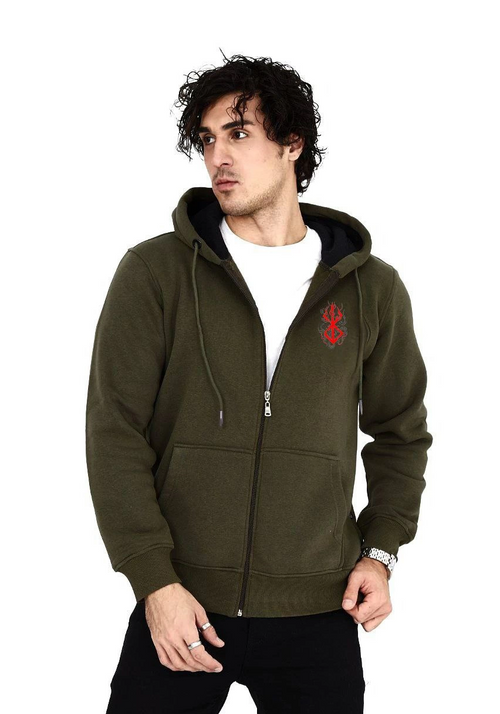 Baskılı Tam Fermuarlı Kapşonlu SweatShirt - Haki -