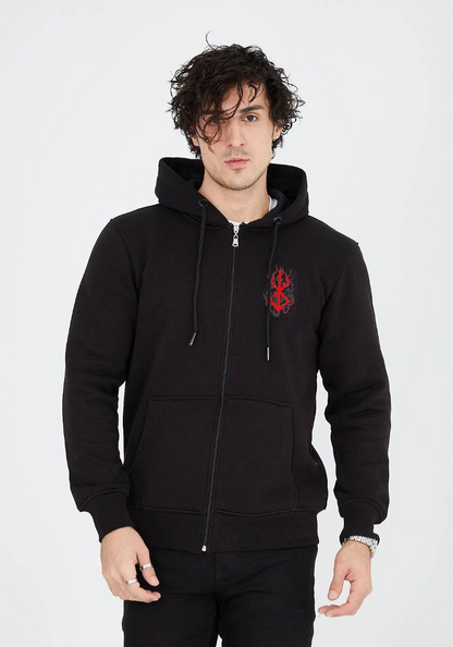 Baskılı Tam Fermuarlı Kapşonlu SweatShirt - Siyah -