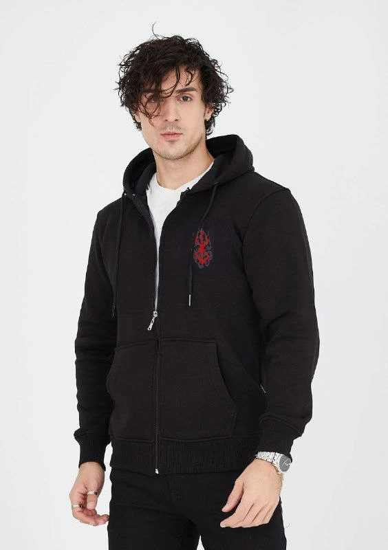 Baskılı Tam Fermuarlı Kapşonlu SweatShirt - Siyah -
