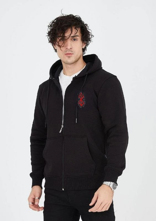 Baskılı Tam Fermuarlı Kapşonlu SweatShirt - Siyah -